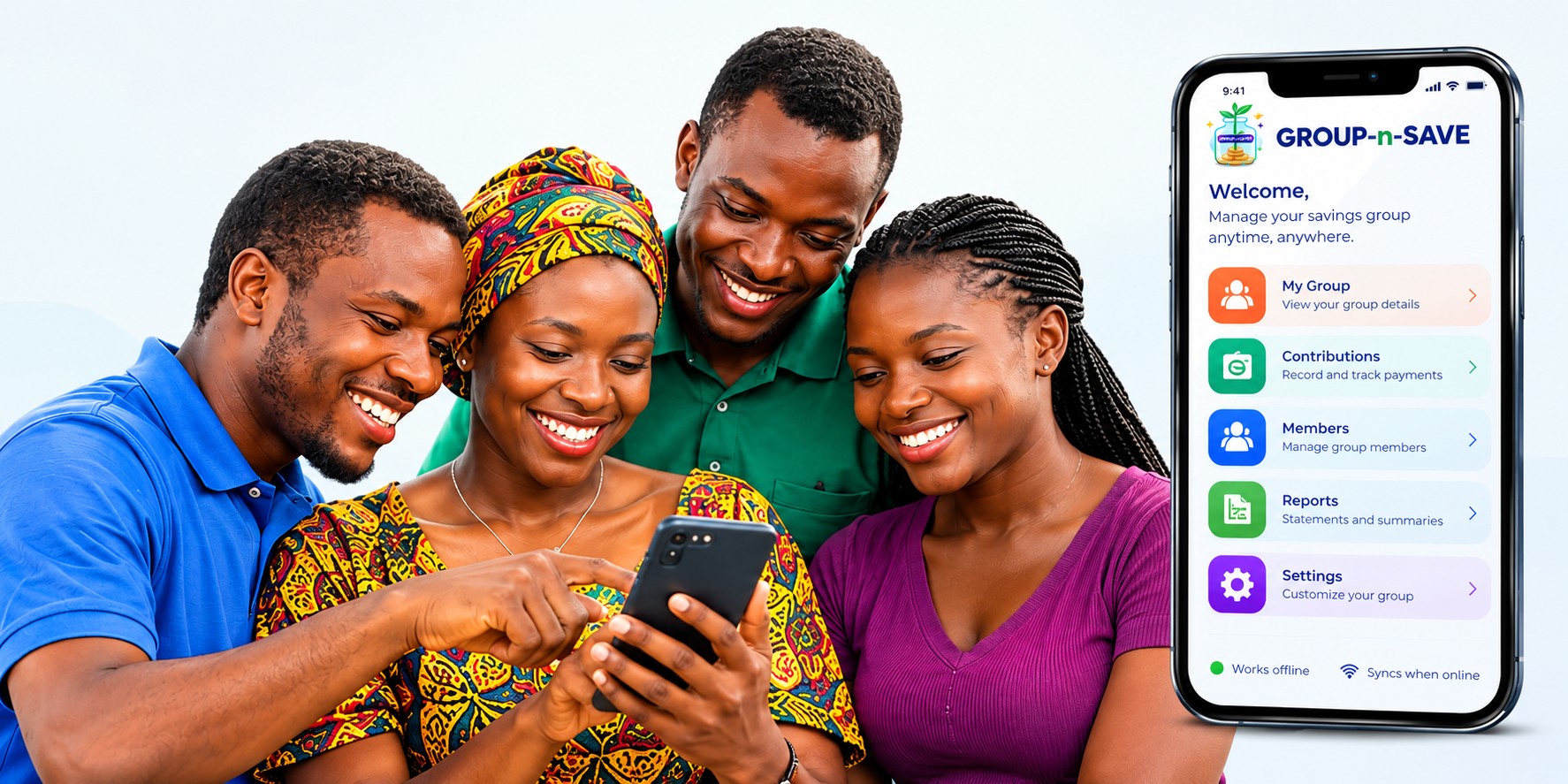 Four friends smiling at the GROUP-n-SAVE app on a phone